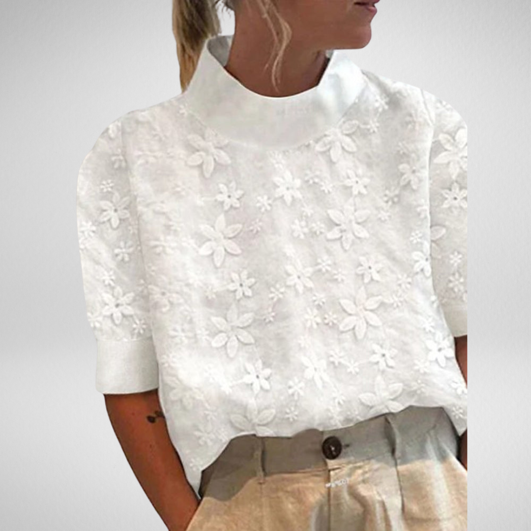 Beth™ – Elegant Embroidered Stand-Up Collar Blouse